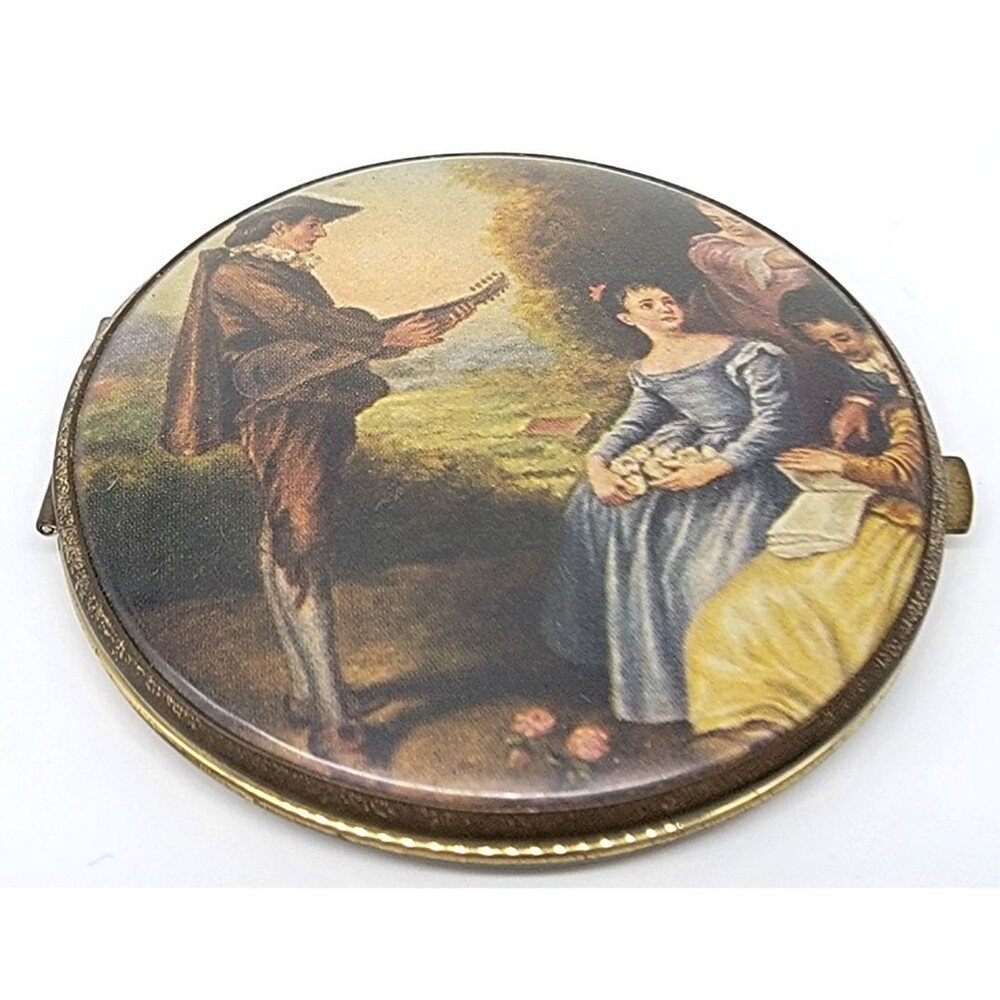 Victorian Style Courting Couple Compact Gold Tone Dual Mirror Vintage Vanity